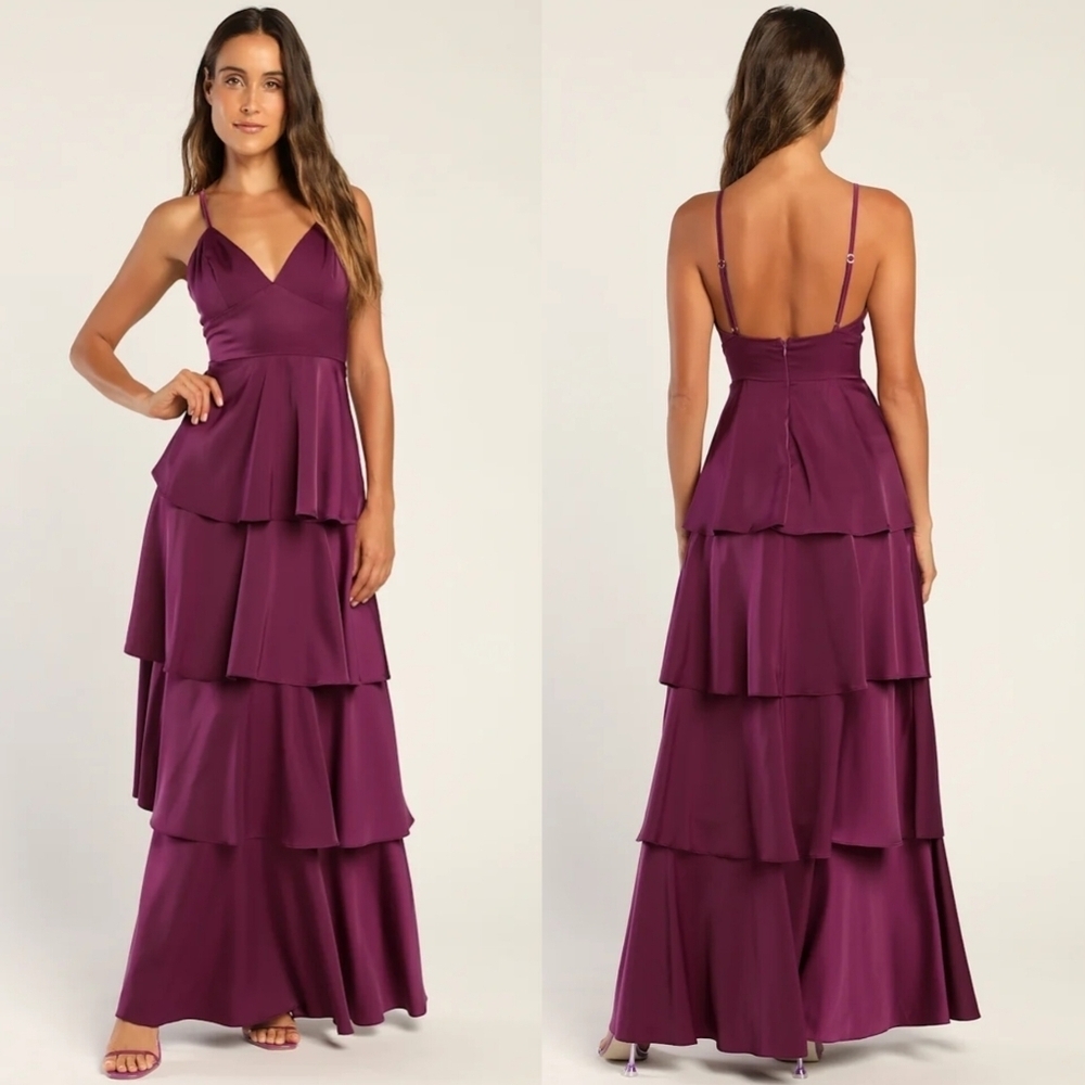 Lulus Going with Elegance Plum Purple Satin Tiered Gown - SMALL